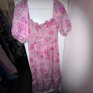 Fate Pink Floral Maxi Dress with Puff Sleeves